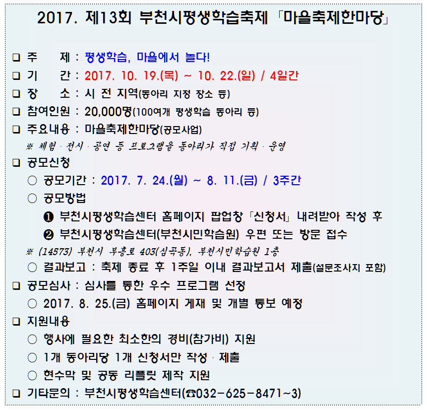 2017 제 13회 부천시평생학습축제 마을축제한마당 주제:평생학습, 마을에서 놀다! 기간 : 2017.10.19(목) ~ 10.22(일) / 4일간 장소 : 시전지역(동아리 지정 장소 등) 참여인원 : 20,000명 (100여개 평생학습 동알 ㅣ등) 주요내요 ㅇ: 마을축제 한마당(공모사업) 체험 전시 공연 등 프로그램을 동아리가 직접 기획 운영 공모신청 공모기간 : 2017.7.24(월) ~ 8.11(금)/3주간 공모방법 부천시 평생학습센터 홈페이지 팝업창 신청서 내려받아 작성 후 부천시평생학습센터(부천시민학습원) 우편 또는 방문접수등 안내 이미지